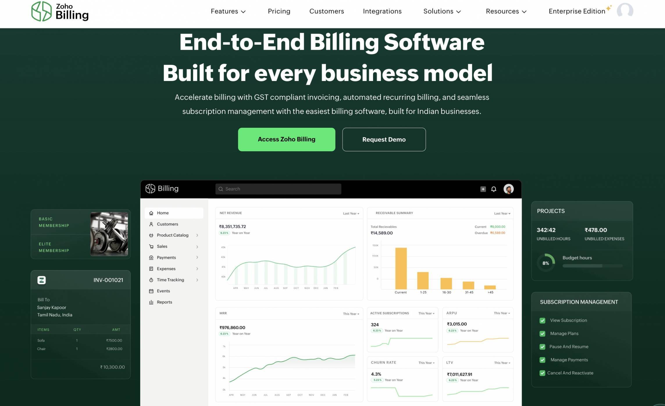 Zoho BIlling Homepage
