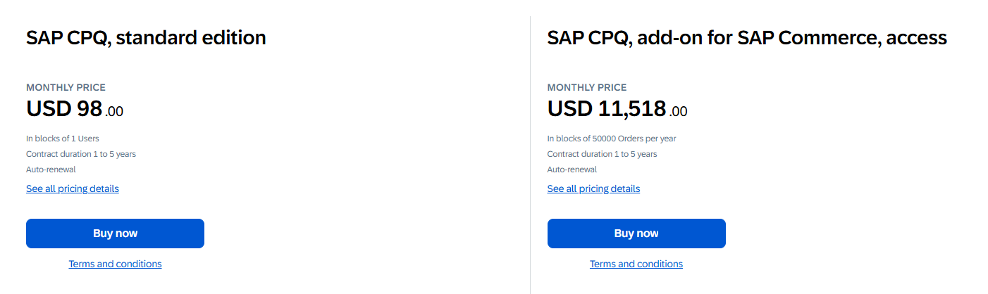 SAP CPQ software monthly prices